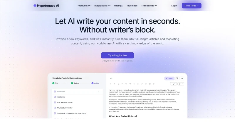 Screenshot of Hypotneuse AI - AI Writing Generator | Adviser AI Apps