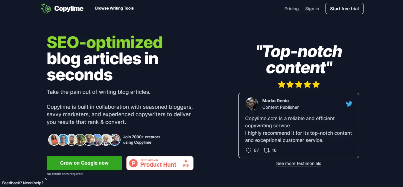 Screenshot of Copylime - Ultimate Free SEO AI Copywriting Tool